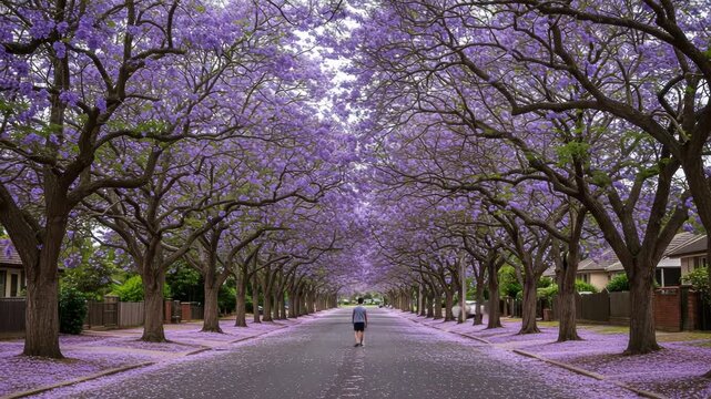Person walking down a street lined with blooming jacaranda trees