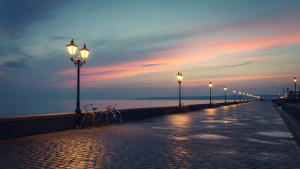 Evening Promenade Scenic View with Lamp Posts Illuminating the Seaside Path Under Colorful Skies