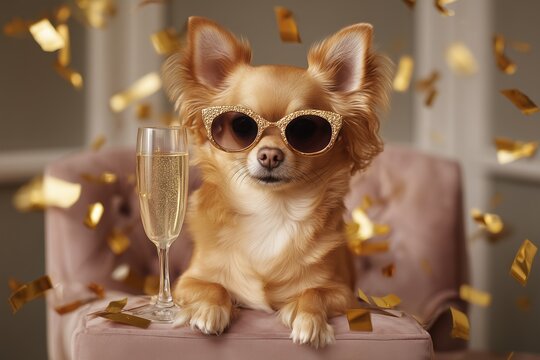 Small chihuahua dog wearing glittery sunglasses and holding a champagne glass with golden confetti falling all around. Cute pet celebrating New Year's Eve party background.