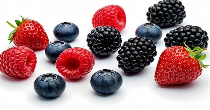 A vibrant arrangement of fresh berries including strawberries, blueberries, raspberries, and blackberries on a clean white background, ideal for food photography and healthy lifestyle promotions