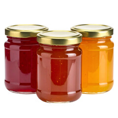 Three glass jars containing preserves and toppings sit on a dark background.
