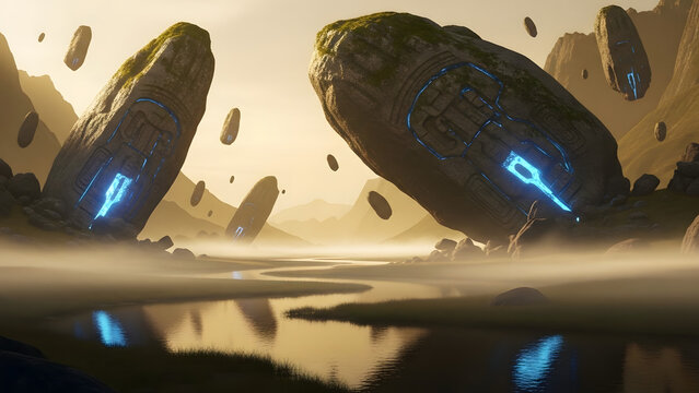 Mysterious stones float over a misty valley, reflecting light and ancient technology