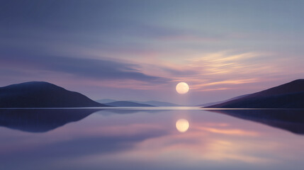 Serene Lake at Dusk with Moon Reflection