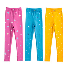Three colorful patterned leggings are displayed on a black background.