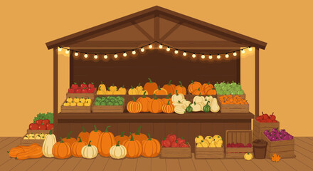 Charming autumn harvest stand overflowing with pumpkins, apples, and gourds, creating a festive fall scene perfect for seasonal promotions and designs