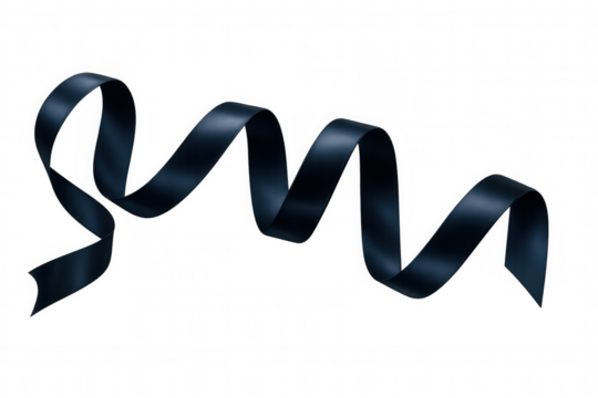 Dark blue satin ribbon swirling on a transparent background, flowing element for decoration and luxury design