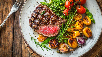 Grilled steak with vegetables on a plate, presented over a rustic wooden table