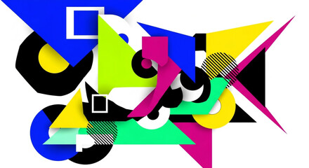 A vibrant and dynamic composition featuring a playful arrangement of geometric shapes, creating a visually stimulating and modern abstract design
