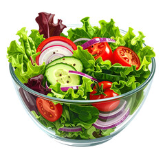 Fresh salad in a glass bowl with lettuce, tomato, cucumber and onion.