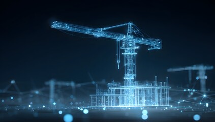Futuristic digital blueprint of a towering construction crane illuminated with vibrant blue light against a dark abstract background representing innovation and progress