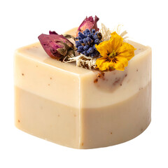 Handmade soap infused with dried flowers and herbs on a black background.