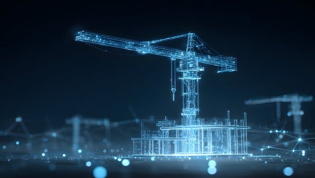 Futuristic digital blueprint of a towering construction crane illuminated with vibrant blue light against a dark abstract background representing innovation and progress - Powered by Adobe