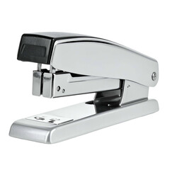 Shiny metallic stapler lies on a black background.