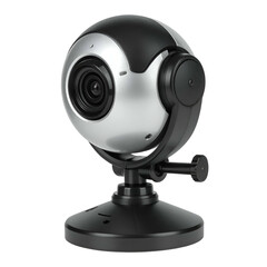 Spherical webcam with adjustable mount on black background.