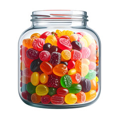 Colorful assortment of various candies fills a transparent glass jar.