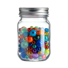 Jar brimming with colorful, translucent beads on a black background.