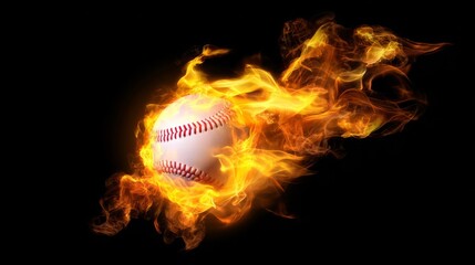 A cartoon-style baseball engulfed in fiery flames floats against a dark backdrop with intense orange-yellow fire creatin
