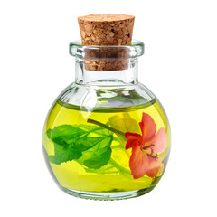 Small glass bottle with cork contains yellow liquid, green leaves, and red flower.
