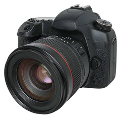 Professional digital camera with a large lens is isolated on black.
