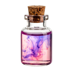 Corked glass vial holds pink liquid with swirling purple and pink ink.