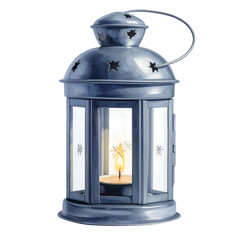 A lit candle illuminates a vintage lantern with starry cutouts on a dark background.