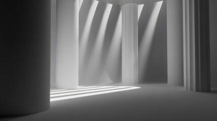 A minimalist architectural interior with large cylindrical columns, clean lines, and smooth reflective flooring.