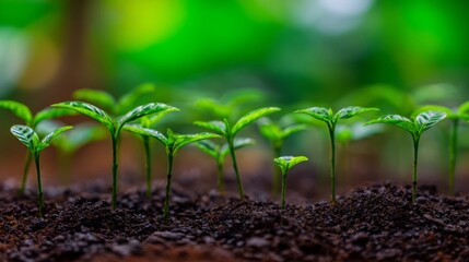 Close-up of small green plants growing from dark soil with blurred green foliage in the background,