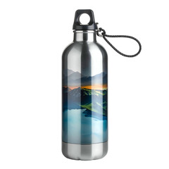 Metallic water bottle features mountain landscape artwork.