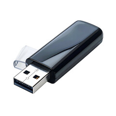 Black USB flash drive with clear cap on black background.