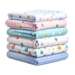 Stack of folded blankets features cheerful patterns for children.
