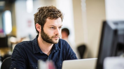 Obraz premium A middle-aged man with curly brown hair and facial stubble wears a dark blue shirt while working intently on his laptop 