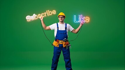 Plumber with Neon Signs Promoting Subscribe and Like - A plumber in blue overalls and a yellow hard hat holds neon signs reading "Subscribe" and "Like" against a vibrant green background.