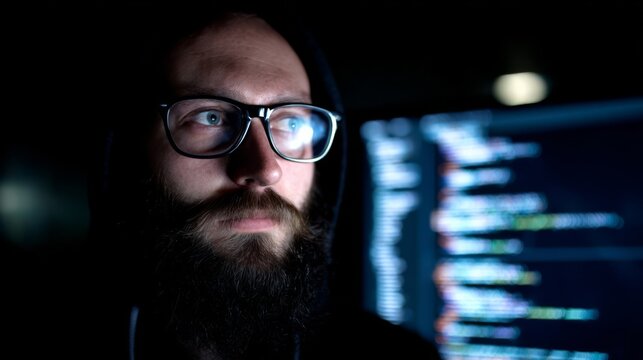 A focused individual with long hair tied back wears glasses while analyzing lines of code on a computer screen in a diml