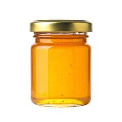 Golden honey fills a clear glass jar with a metallic cap.