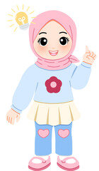 Illustration of a young Muslim girl in a pink hijab, wearing a blue sweater and a white skirt, pointing her finger up with a glowing lightbulb above her head, symbolizing an idea or inspiration