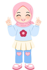 Adorable cartoon illustration of a happy little Muslim girl in a pink hijab, smiling joyfully and making a peace sign