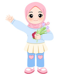 Adorable Muslim Girl Waving and Holding a Bouquet of Tulips, Cute Cartoon Character