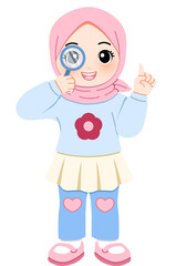 A cute Muslim cartoon girl in a pink hijab holding a magnifying glass, symbolizing curiosity, learning, and discovery on a white background