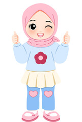 Muslim girl giving thumbs up, winking, happy and positive with pink hijab and flower sweater