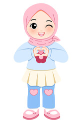Adorable cartoon Muslim girl in a pink hijab, winking and smiling, forming a heart shape with her hands around a delicious donut, spreading joy and sweetness