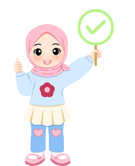 Cute girl in hijab holding a green checkmark sign and giving a thumbs up, illustration