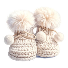 Cozy knitted baby boots with fluffy pom-poms are presented.