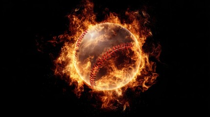 A baseball engulfed in flames against a black background, fiery blaze, burning sport equipment, dramatic fiery effect.