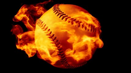 A traditional white baseball with red stitching is engulfed in flames against a black background,