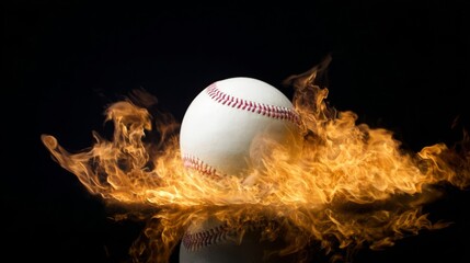 A white baseball with red stitching is engulfed in vibrant flames against a black background,