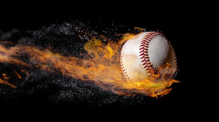 An American baseball engulfed by vivid flames against a stark black backdrop,