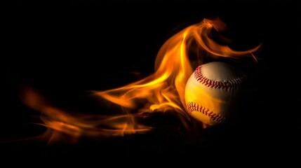 A baseball engulfed in vibrant flames contrasts sharply against a black background,