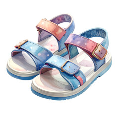 Colorful watercolor sandals for children feature adjustable straps and buckles.