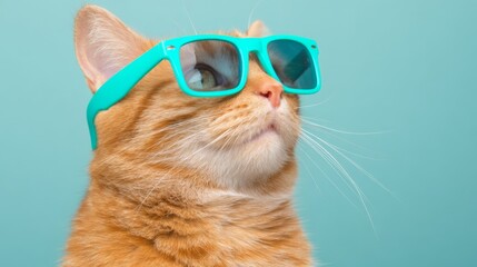 A tabby cat wearing turquoise sunglasses looks upward at an angle, showcasing playful and stylish feline behavior.