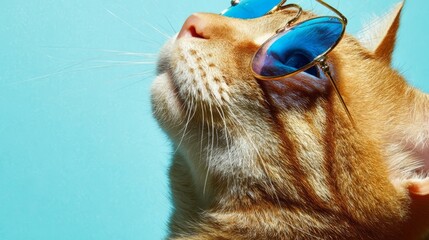 An orange tabby cat wears round blue tinted sunglasses against a solid teal backdrop, playful and stylish.
